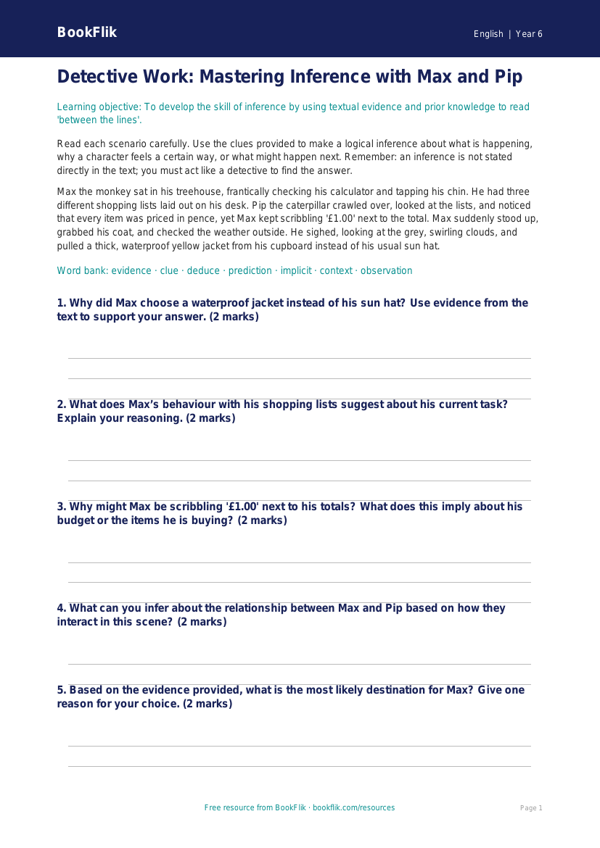 Free Inference Worksheet | Year 6 Core | BookFlik worksheet preview — English Inference