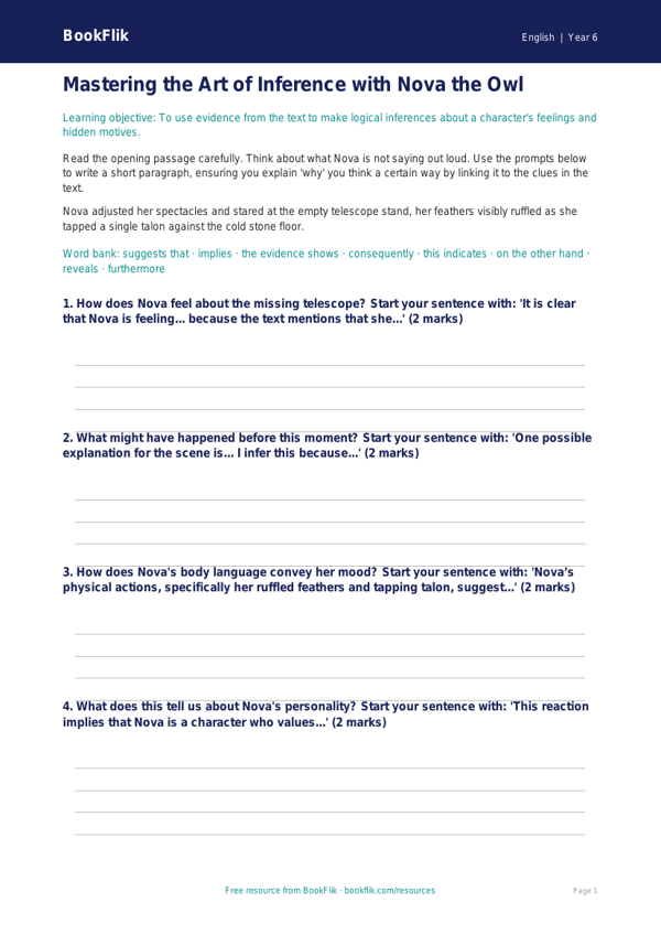Free Inference Writing Frame | Year 6 Core | BookFlik worksheet preview — English Inference