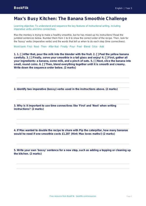 Free Instructions Activity Sheet | Year 3 Core | BookFlik worksheet preview — English Instructions