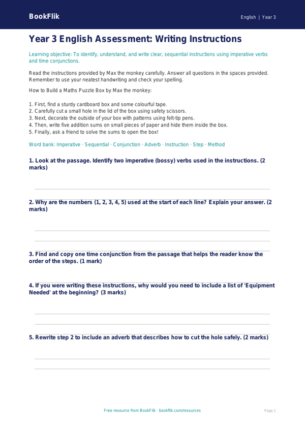 Free Instructions Assessment | Year 3 Core | BookFlik worksheet preview — English Instructions