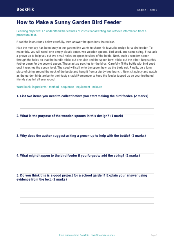 Free Instructions Comprehension | Year 3 Core | BookFlik worksheet preview — English Instructions