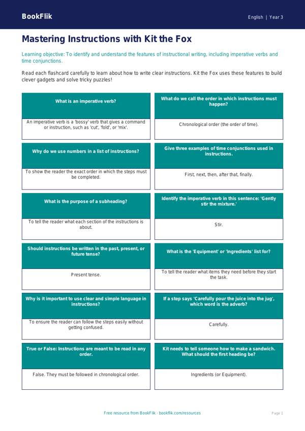 Free Instructions Flashcards | Year 3 Core | BookFlik worksheet preview — English Instructions