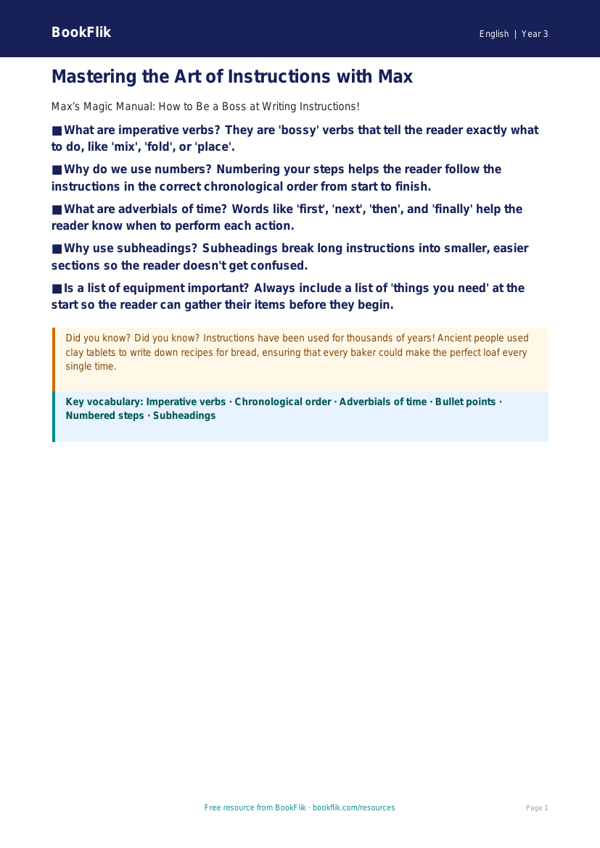 Free Instructions Poster | Year 3 Core | BookFlik worksheet preview — English Instructions