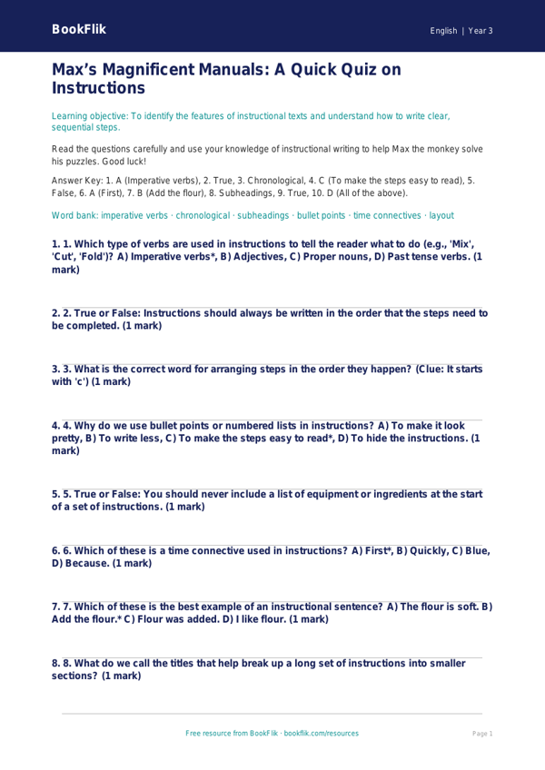 Free Instructions Quiz | Year 3 Core | BookFlik worksheet preview — English Instructions