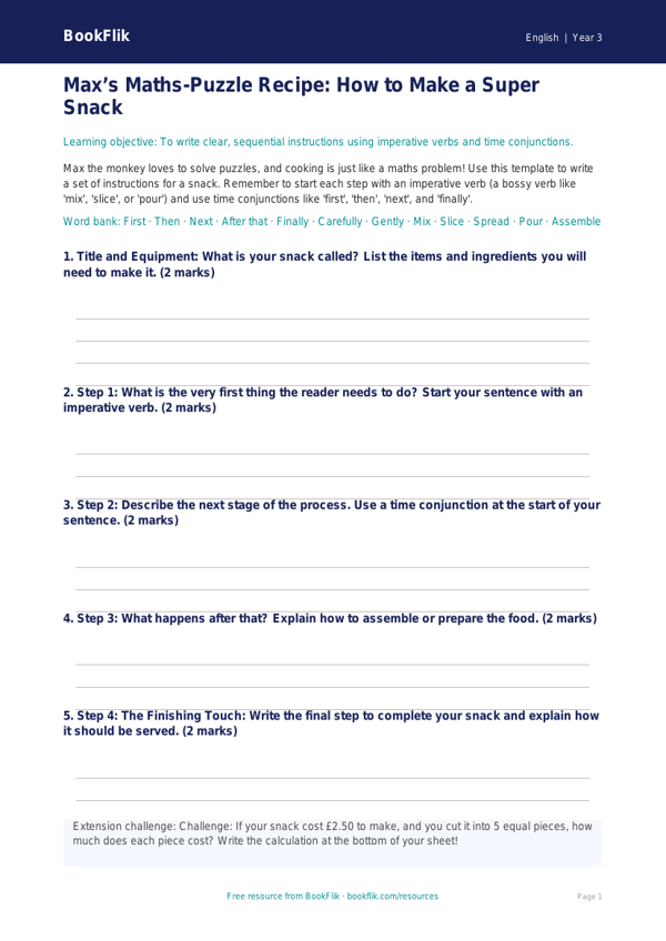 Free Instructions Template | Year 3 Core | BookFlik worksheet preview — English Instructions