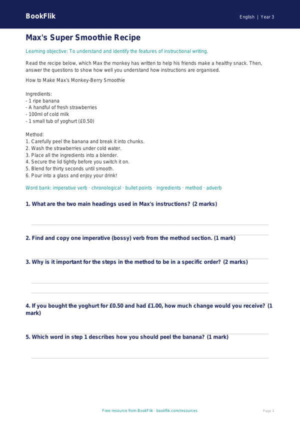 Free Instructions Track Sheet | Year 3 Core | BookFlik worksheet preview — English Instructions