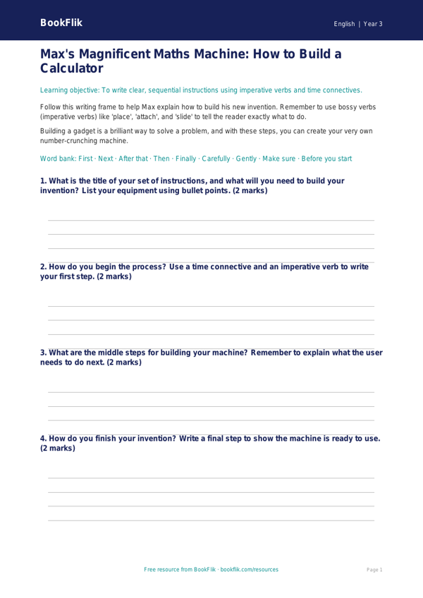 Free Instructions Writing Frame | Year 3 Core | BookFlik worksheet preview — English Instructions