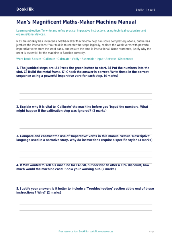 Free Instructions Activity Sheet | Year 5 Greater Depth | BookFlik worksheet preview — English Instructions