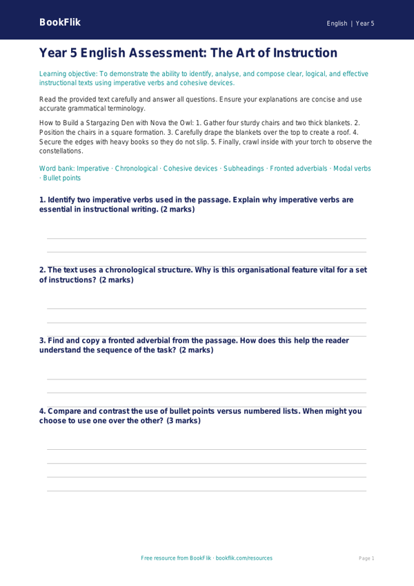 Free Instructions Assessment | Year 5 Greater Depth | BookFlik worksheet preview — English Instructions