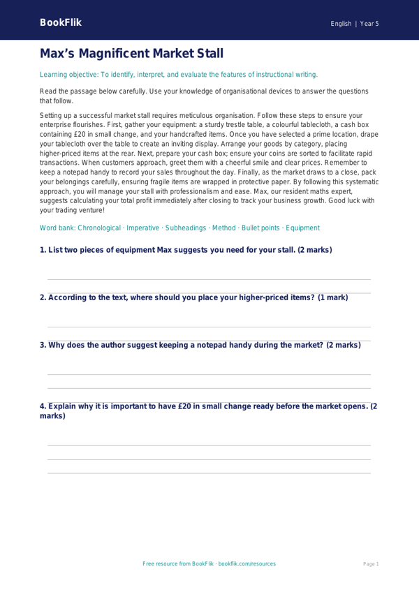 Free Instructions Comprehension | Year 5 Greater Depth | BookFlik worksheet preview — English Instructions