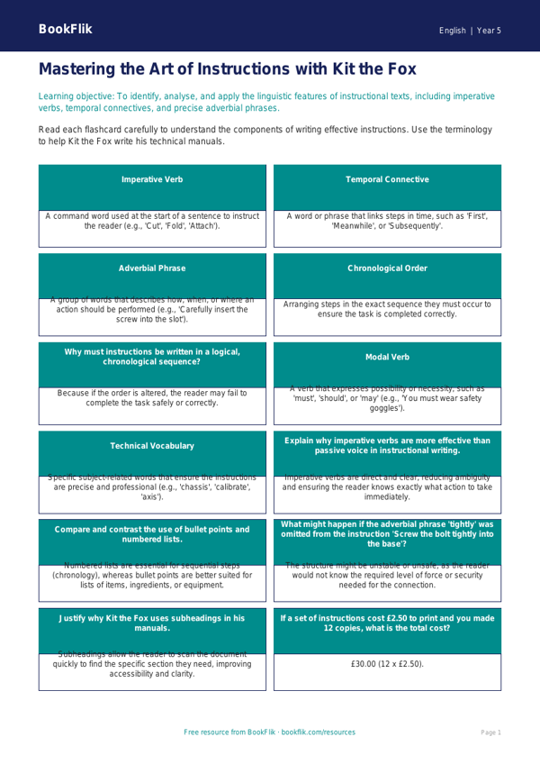 Free Instructions Flashcards | Year 5 Greater Depth | BookFlik worksheet preview — English Instructions
