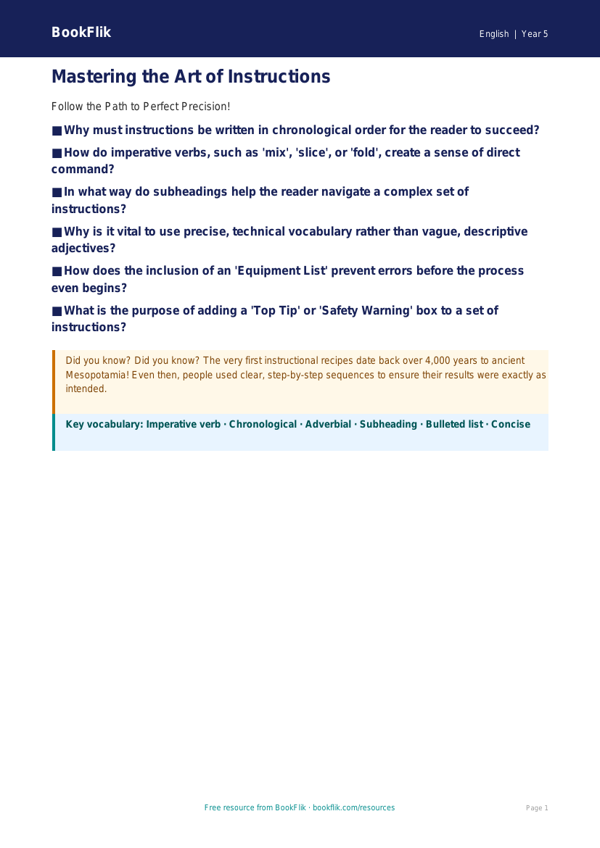 Free Instructions Poster | Year 5 Greater Depth | BookFlik worksheet preview — English Instructions