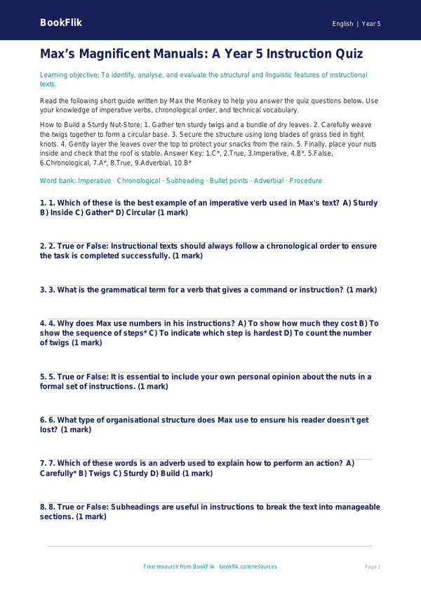 Free Instructions Quiz | Year 5 Greater Depth | BookFlik worksheet preview — English Instructions