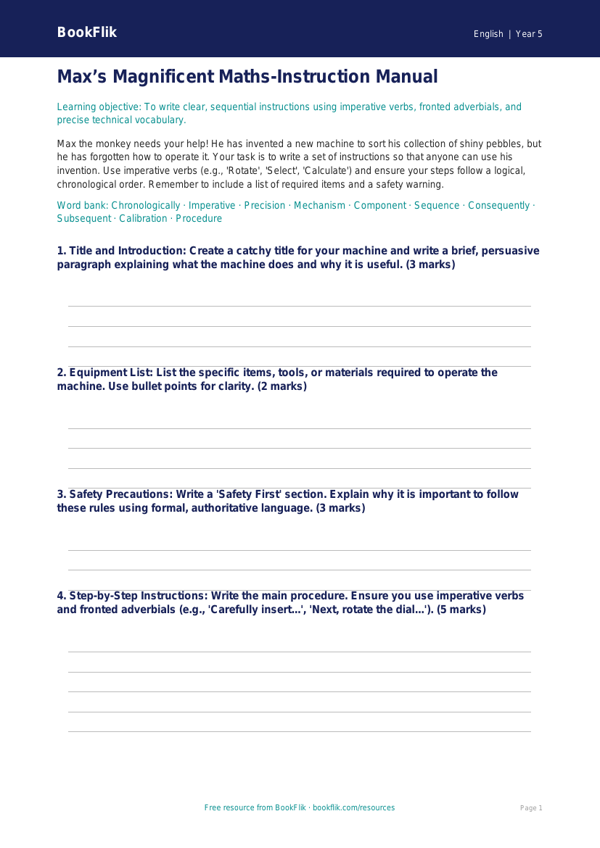 Free Instructions Template | Year 5 Greater Depth | BookFlik worksheet preview — English Instructions