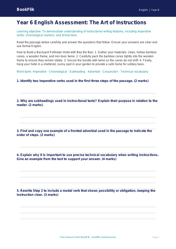 Free Instructions Assessment | Year 6 Core | BookFlik worksheet preview — English Instructions