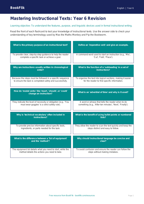 Free Instructions Flashcards | Year 6 Core | BookFlik worksheet preview — English Instructions