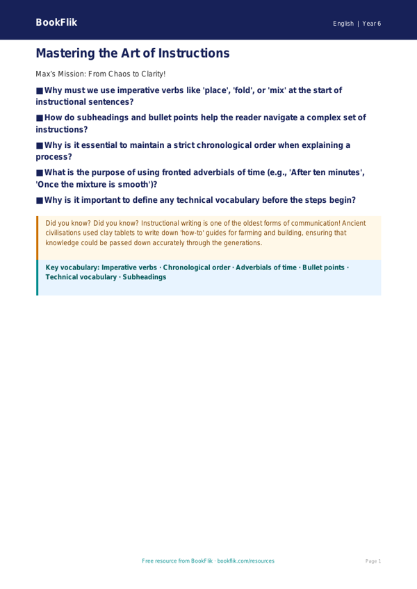 Free Instructions Poster | Year 6 Core | BookFlik worksheet preview — English Instructions