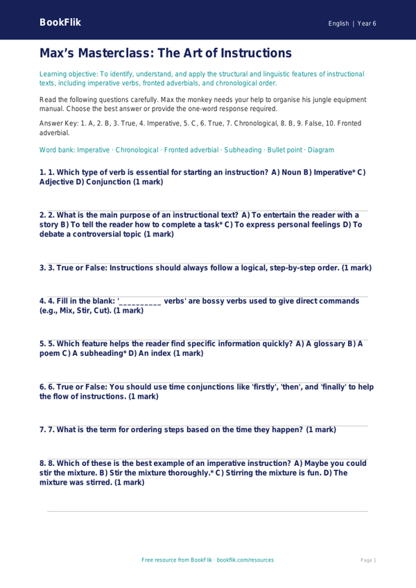 Free Instructions Quiz | Year 6 Core | BookFlik worksheet preview — English Instructions