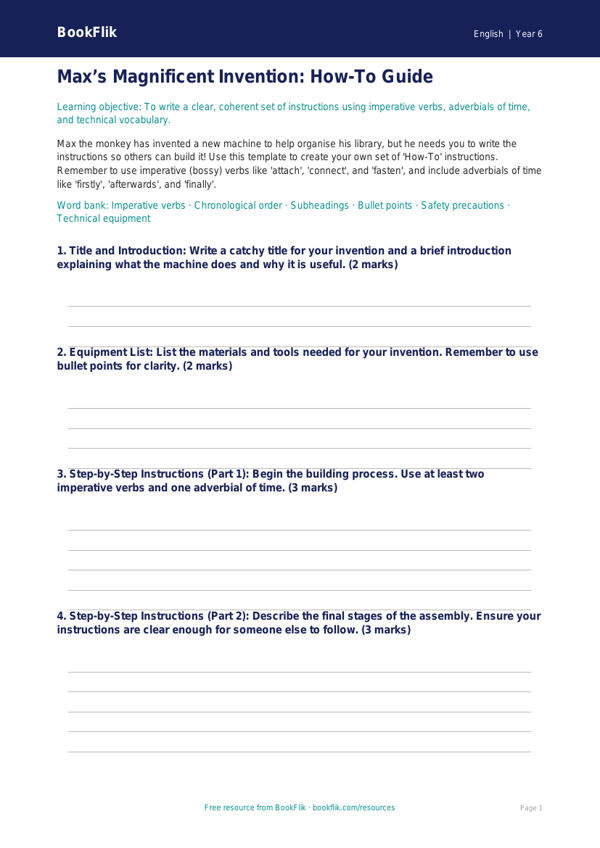 Free Instructions Template | Year 6 Core | BookFlik worksheet preview — English Instructions