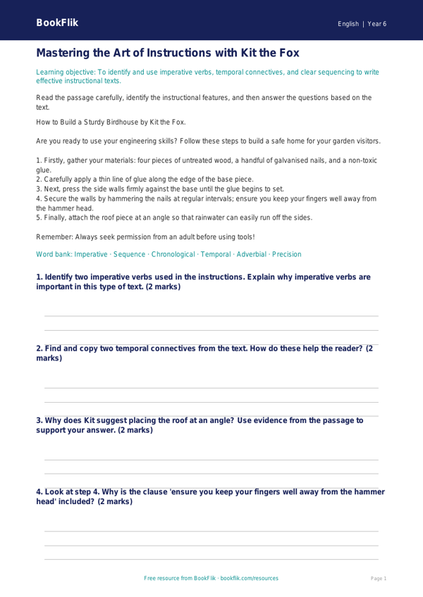 Free Instructions Track Sheet | Year 6 Core | BookFlik worksheet preview — English Instructions