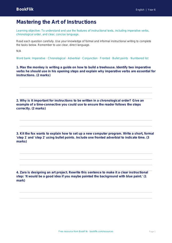 Free Instructions Worksheet | Year 6 Core | BookFlik worksheet preview — English Instructions