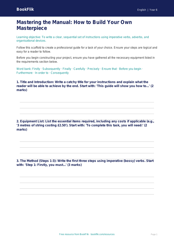Free Instructions Writing Frame | Year 6 Core | BookFlik worksheet preview — English Instructions