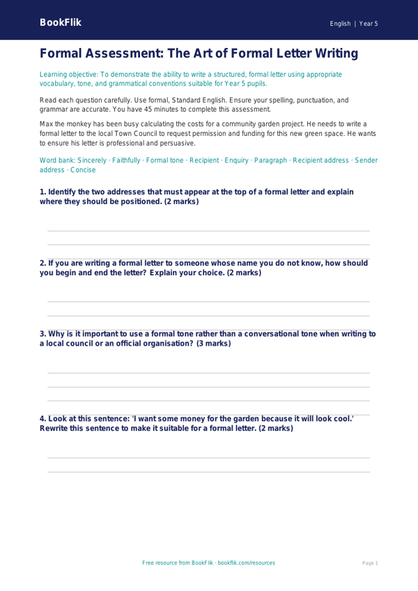 Free Letter Writing Assessment | Year 5 Greater Depth | BookFlik worksheet preview — English Letter Writing