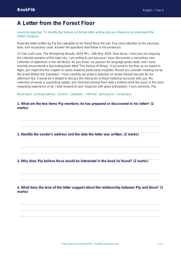 Free Letter Writing Comprehension | Year 5 Greater Depth | BookFlik worksheet preview — English Letter Writing