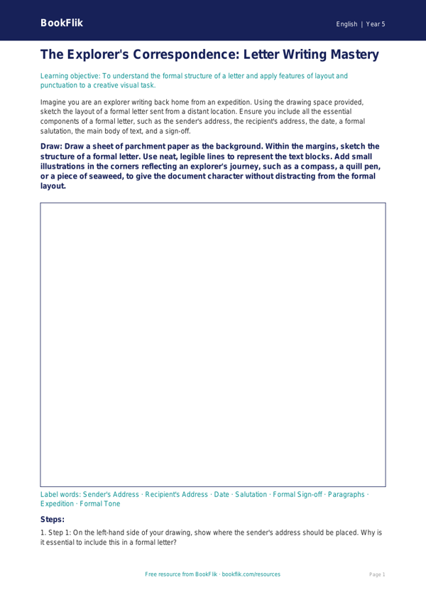 Free Letter Writing Drawing Sheet | Year 5 Greater Depth | BookFlik worksheet preview — English Letter Writing