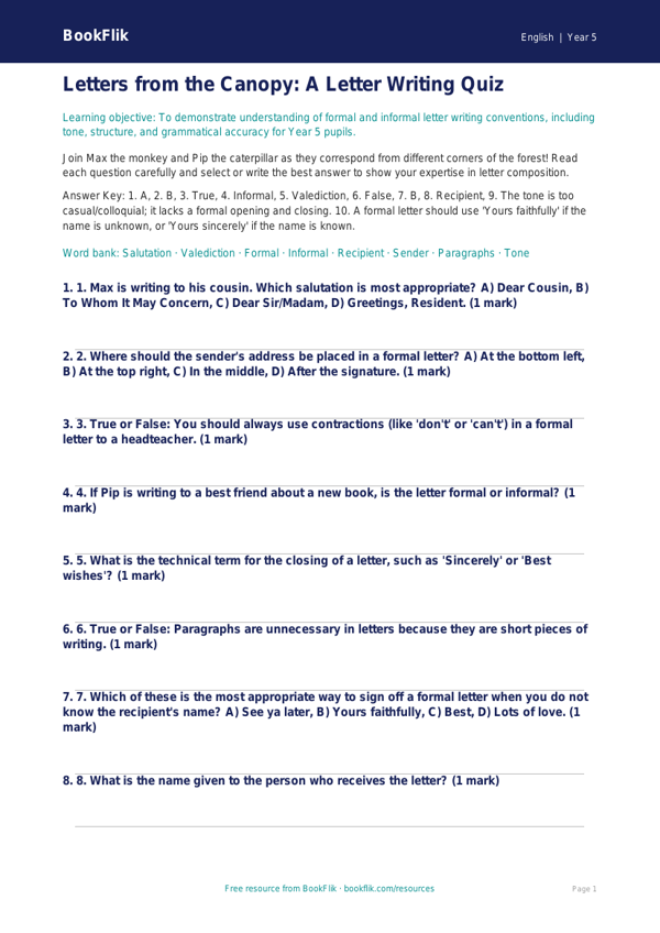 Free Letter Writing Quiz | Year 5 Greater Depth | BookFlik worksheet preview — English Letter Writing