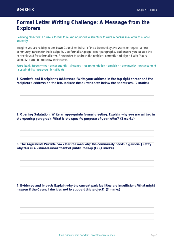 Free Letter Writing Template | Year 5 Greater Depth | BookFlik worksheet preview — English Letter Writing
