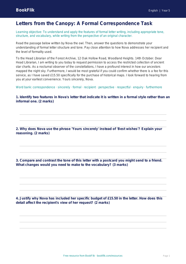 Free Letter Writing Track Sheet | Year 5 Greater Depth | BookFlik worksheet preview — English Letter Writing