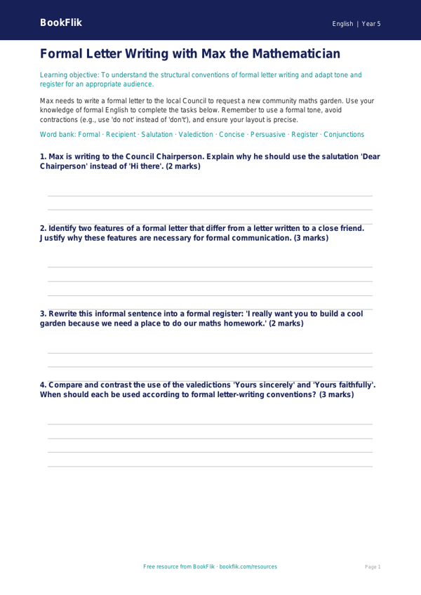 Free Letter Writing Worksheet | Year 5 Greater Depth | BookFlik worksheet preview — English Letter Writing