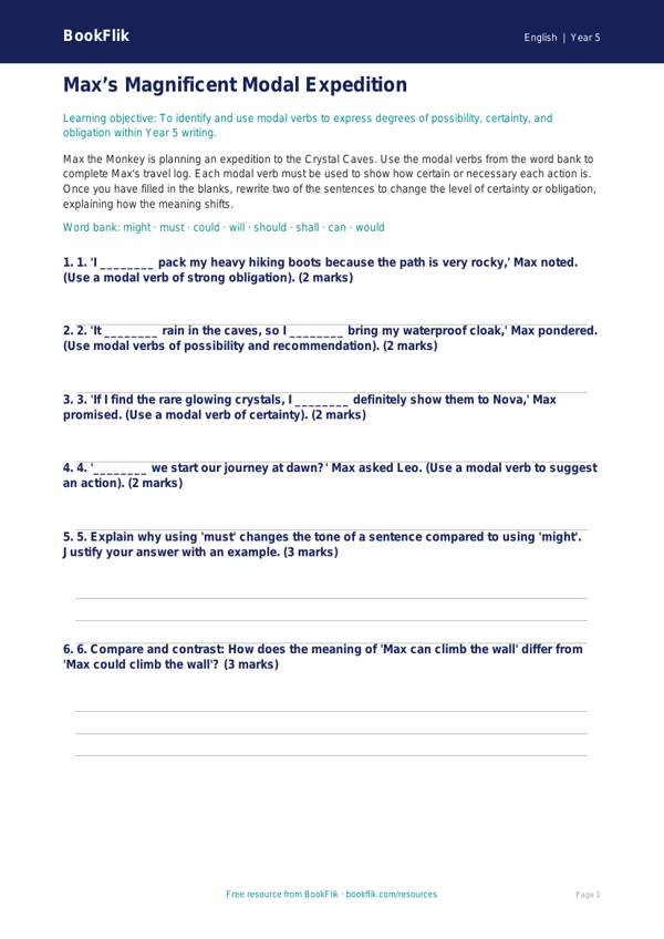 Free Modal Verbs Activity Sheet | Year 5 Greater Depth | BookFlik worksheet preview — English Modal Verbs
