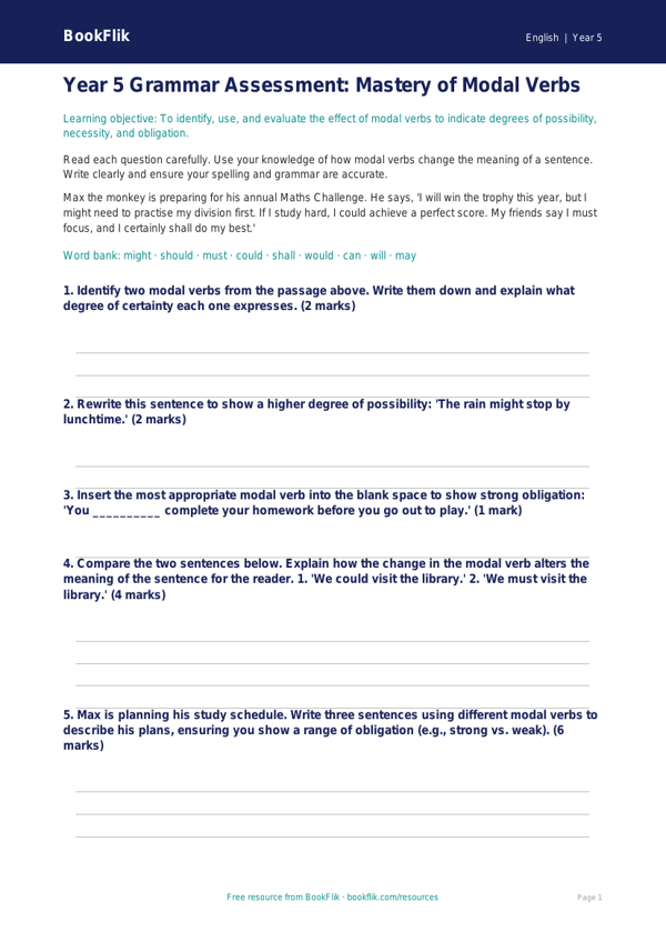 Free Modal Verbs Assessment | Year 5 Greater Depth | BookFlik worksheet preview — English Modal Verbs