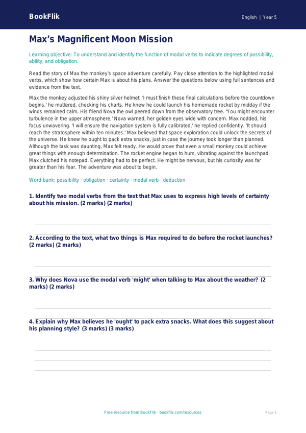 Free Modal Verbs Comprehension | Year 5 Greater Depth | BookFlik worksheet preview — English Modal Verbs