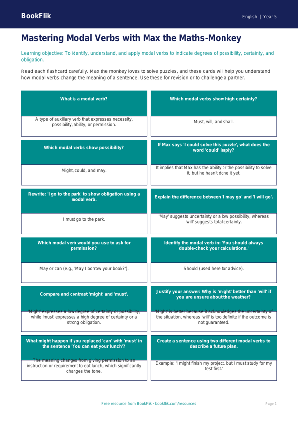 Free Modal Verbs Flashcards | Year 5 Greater Depth | BookFlik worksheet preview — English Modal Verbs