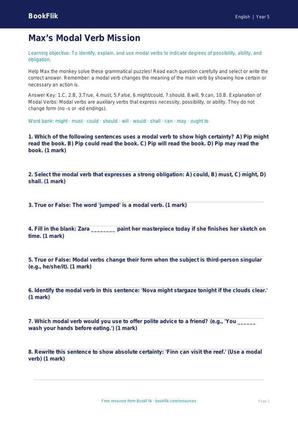 Free Modal Verbs Quiz | Year 5 Greater Depth | BookFlik worksheet preview — English Modal Verbs