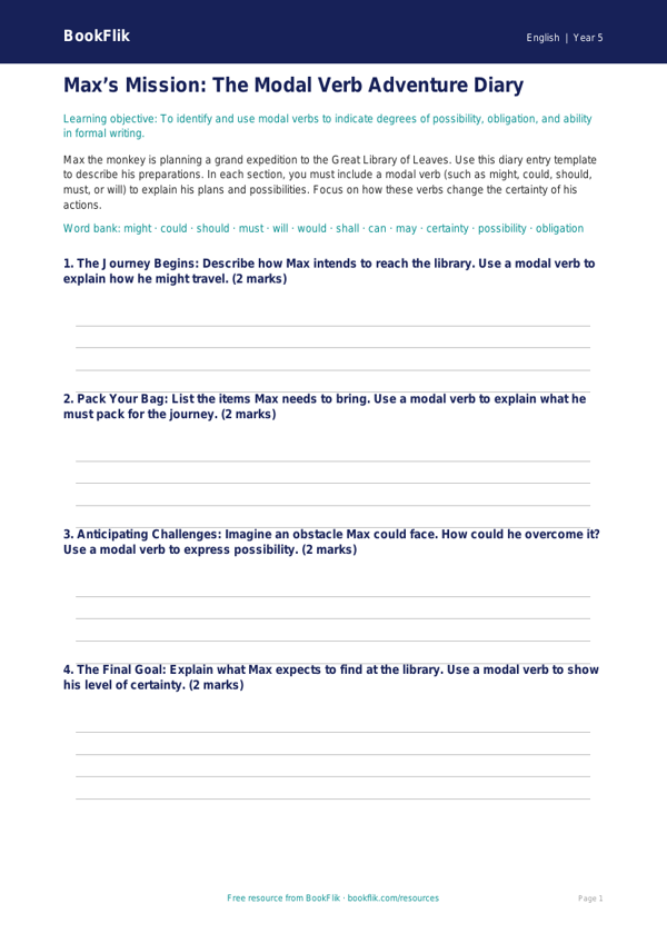 Free Modal Verbs Template | Year 5 Greater Depth | BookFlik worksheet preview — English Modal Verbs