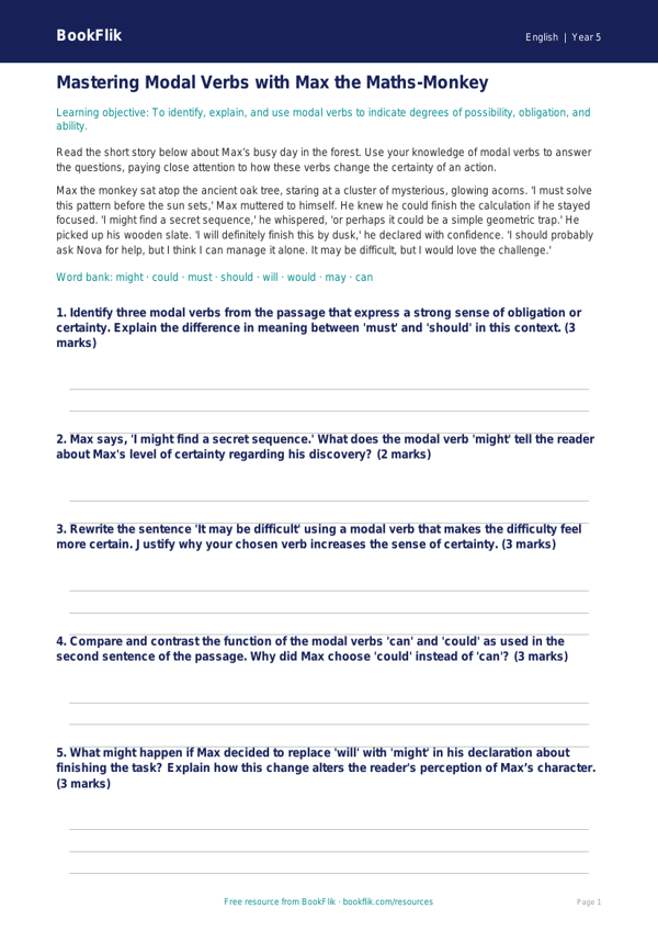 Free Modal Verbs Track Sheet | Year 5 Greater Depth | BookFlik worksheet preview — English Modal Verbs