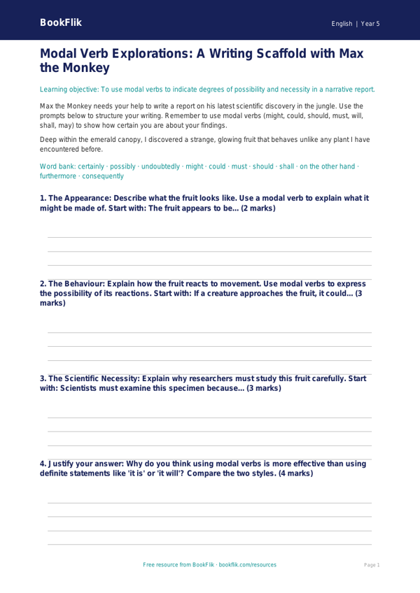 Free Modal Verbs Writing Frame | Year 5 Greater Depth | BookFlik worksheet preview — English Modal Verbs