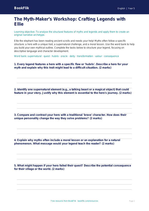 Free Myths And Legends Activity Sheet | Year 5 Greater Depth | BookFlik worksheet preview — English Myths And Legends