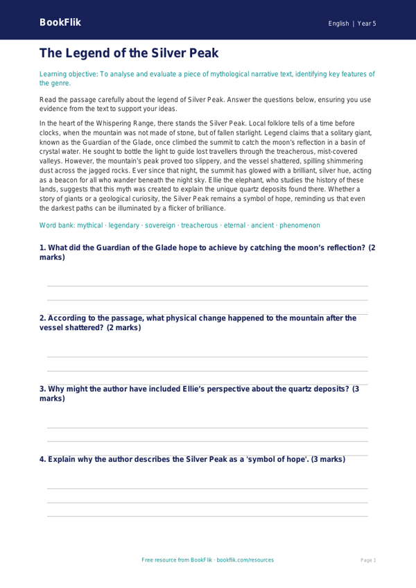 Free Myths And Legends Comprehension | Year 5 Greater Depth | BookFlik worksheet preview — English Myths And Legends