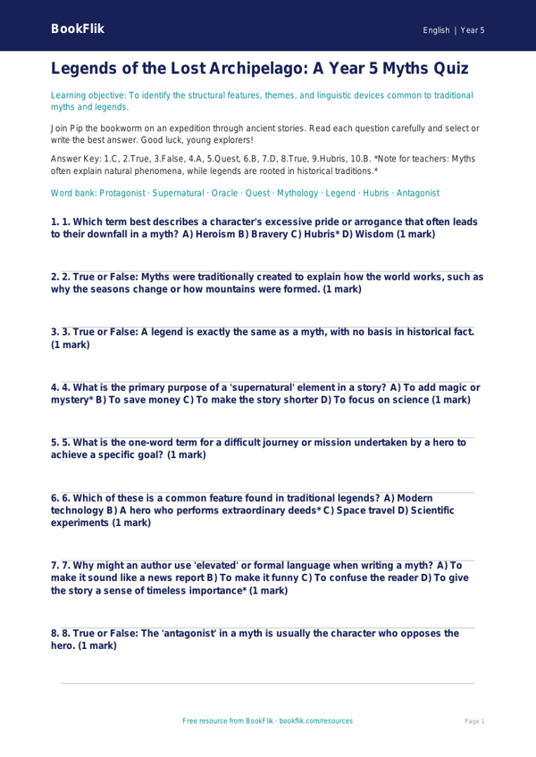 Free Myths And Legends Quiz | Year 5 Greater Depth | BookFlik worksheet preview — English Myths And Legends