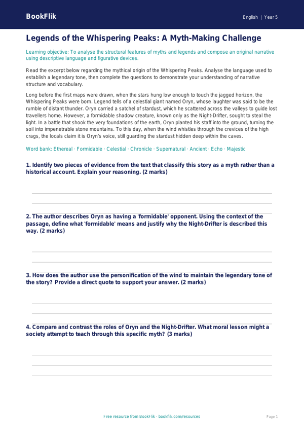 Free Myths And Legends Track Sheet | Year 5 Greater Depth | BookFlik worksheet preview — English Myths And Legends