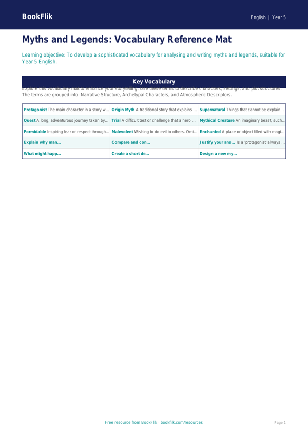 Free Myths And Legends Word Mat | Year 5 Greater Depth | BookFlik worksheet preview — English Myths And Legends