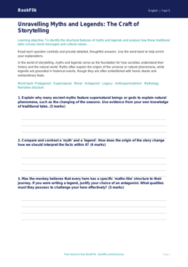 Free Myths And Legends Worksheet | Year 5 Greater Depth | BookFlik