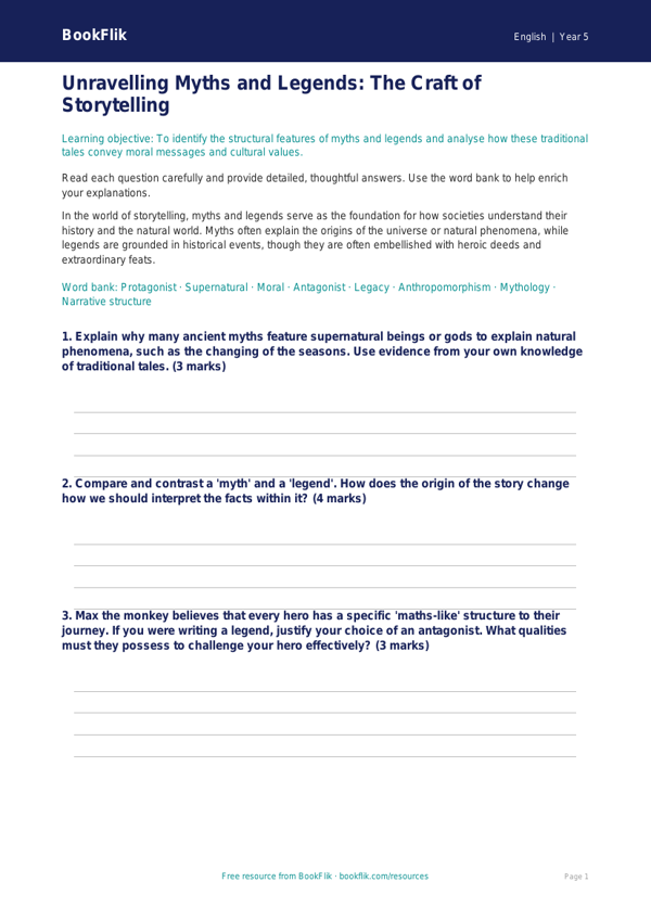 Free Myths And Legends Worksheet | Year 5 Greater Depth | BookFlik worksheet preview — English Myths And Legends