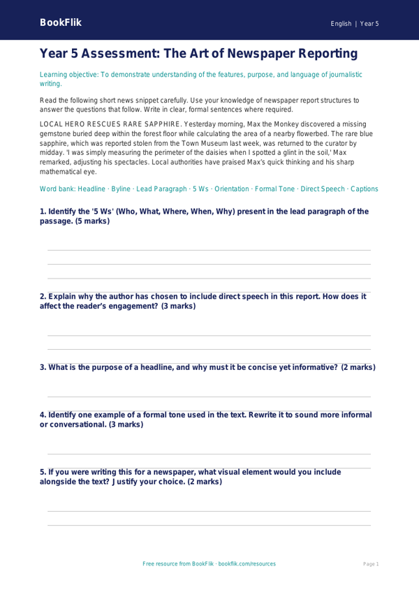 Free Newspaper Writing Assessment | Year 5 Greater Depth | BookFlik worksheet preview — English Newspaper Writing