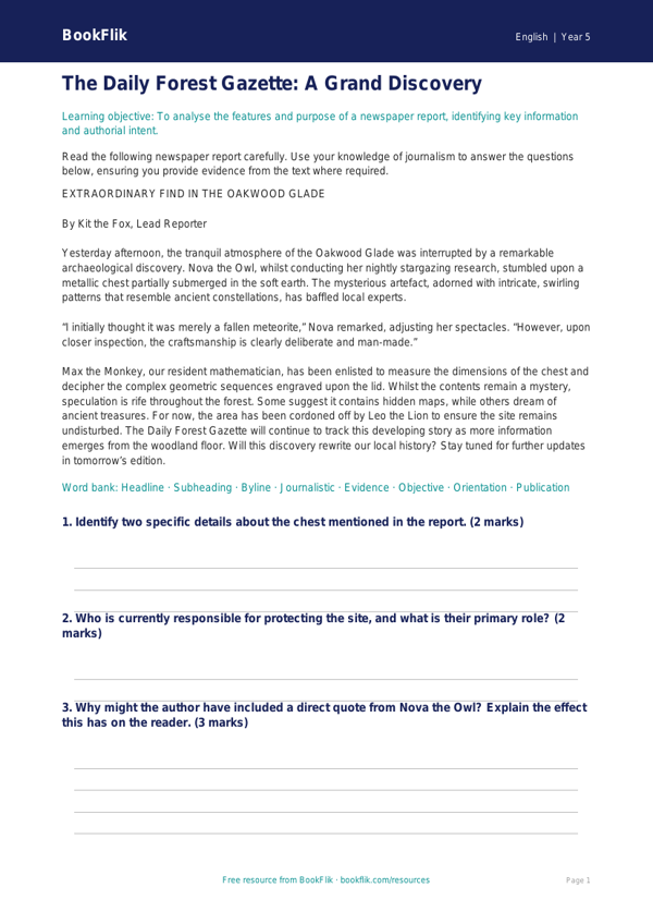 Free Newspaper Writing Comprehension | Year 5 Greater Depth | BookFlik worksheet preview — English Newspaper Writing